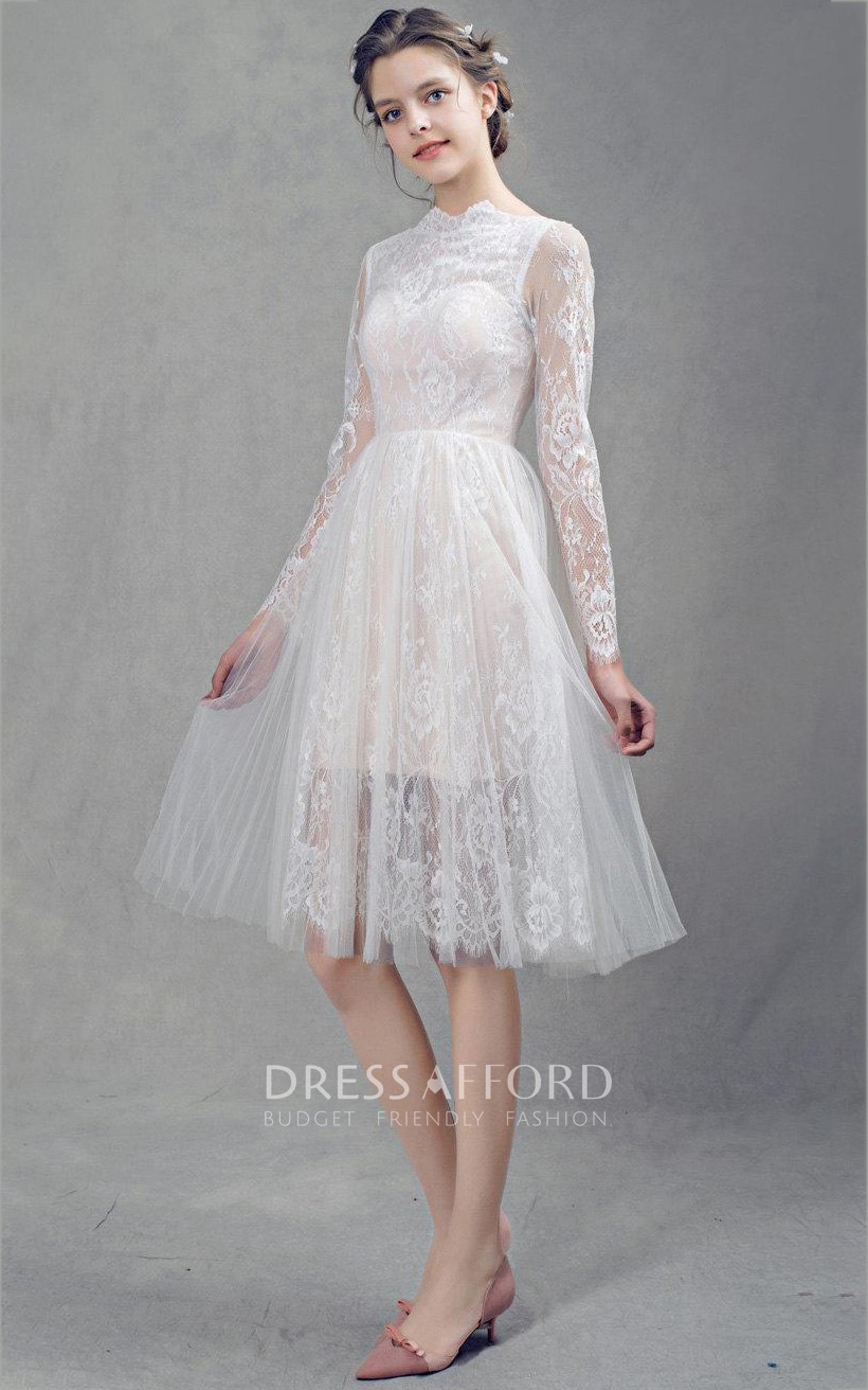 High Neck Illusion Long Sleeve Tulle Knee Length Wedding Dress With Lace Dress Afford 2491