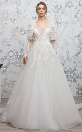 Sexy Ball Gown Floor-length Sweep Train Plunging Neckline Wedding Dress With Appliques