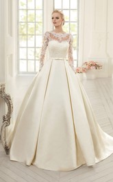 Ball Gown Floor-Length Jewel Long-Sleeve Corset-Back Satin Dress With Appliques