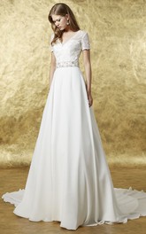 A-line V-neck Short Sleeve Wedding Dress With Illusion And Lace