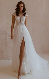 Sexy Short Sleeve A Line Lace Tulle V-neck Wedding Dress with Split Front