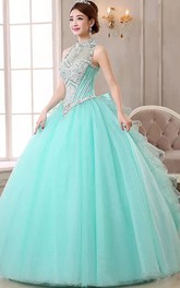 Ball Gown Sleeveless Floor-length High Neck Organza Tulle Prom Dress with Lace-up Keyhole Back