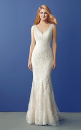 Plunged Sleeveless Sheath Lace Appliqued Wedding Dress With Illusion And Court Train