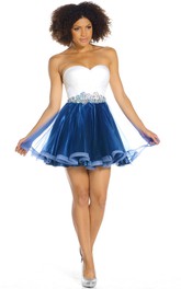 A-Line Mini Crystal Sweetheart Sleeveless Tulle Prom Dress With Backless Style And Ruching