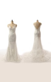 Plunged Sleeveless Sheath Wedding Dress With Appliques And Court Train