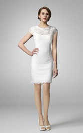 Scoop-neck Short Sleeve Lace Pencil Wedding Dress With Low-V Back