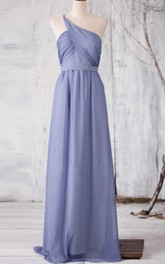 One Shoulder Criss Cross Bodice A-line Chiffon Long Dress With Beading