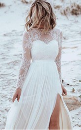 Sexy Bateau A Line Tulle Lace Floor-length Backless Wedding Dress with Split Front and Pleats