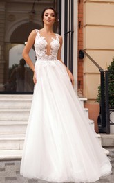 Bohemian A Line Scalloped Tulle and Lace Sweep Train Wedding Dress with Ruching