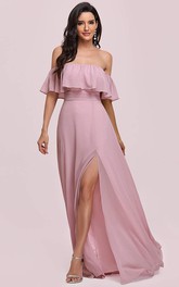 Sexy Off-the-shoulder Chiffon A Line Guest Dress With Ruffles and Split Front