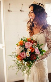 V-neck Lace Illusion Long Sleeve Wedding Dress