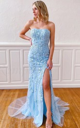 Sheath Lace Strapless Sleeveless Floor-length Court Train Formal Dress With Appliques