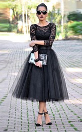 Lace Tulle Tea-Length Prom Black Sassy 3-4-Sleeve Dress