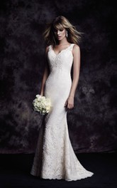 V-neck Sleeveless Sheath Lace Wedding Dress With Deep-V Back