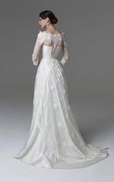 Satin Bateau Neckline Lace-Overlaying Unique Bridal Dress