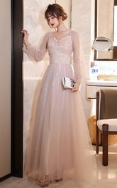 Queen Anne High Neck V-neck Tulle Floor-length Formal Dress With Appliques