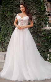 Simple Ball Gown Off-the-shoulder Tulle Sweep Train Wedding Dress with Ruching