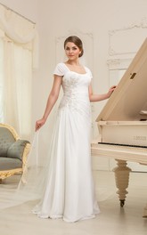 Cap-Sleeve Ruched Appliques Long A-Line Chiffon Gown