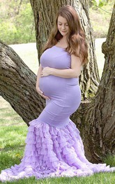 Mermaid Strapless Ruched Tiers Sleeveless Brush Train Chiffon Jersey Maternity Dress