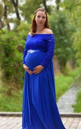 Bateau Long Sleeve Appliqued Bandage Lace Maternity Dress