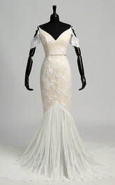 Off-the-shoulder Short Sleeve Natural Bandage Pleats Ruffles Wedding Dress