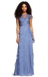 Jewel-Neck Cap-sleeve petaled Dress With Lace