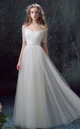 Off-the-shoulder Short Sleeve Tulle Wedding Dress With Jeweled Waist