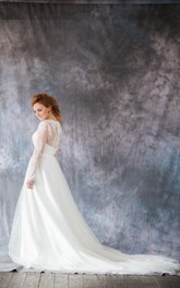 A-Line Illusion Back Long-Sleeve Organza Bridal Gown