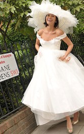 Off-the-shoulder A-line Satin Appliqued Wedding Dress With Tulle Overlay