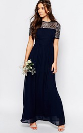 A-Line Short-Sleeve Sequined Jewel-Neck Ankle-Length Chiffon Bridesmaid Dress With Pleats