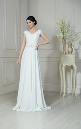 A-Line Floor-Length V-Neck Short-Sleeve Low-V-Back Chiffon Dress With Ruching And Beading