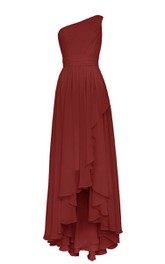 High-Low Draping Pleated Single-Shoulder Gown