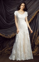 Lace Short Sleeve V-neck Sheath Wedding Dress With Appliques And Court Train