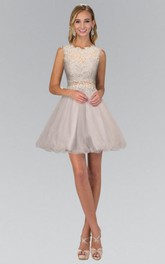 A-Line Short Jewel-Neck Sleeveless Lace Illusion Dress With Appliques
