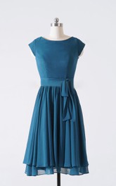 Scoop-neck Cap-sleeve Chiffon short A-line Dress With Pleats And bow