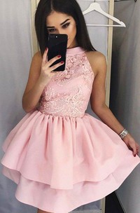 Sleeveless A-line Ball Gown Short Mini High Neck Ruching Tiers Satin Lace Homecoming Dress