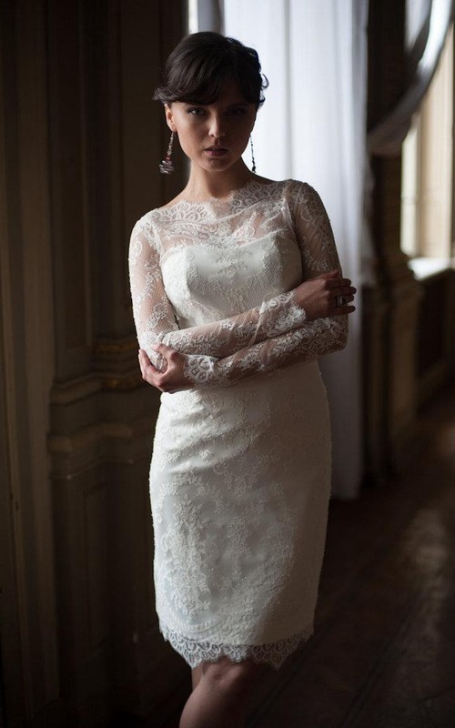 Lace High Neckline Fitted Inspire Sheath Short Wedding Dress