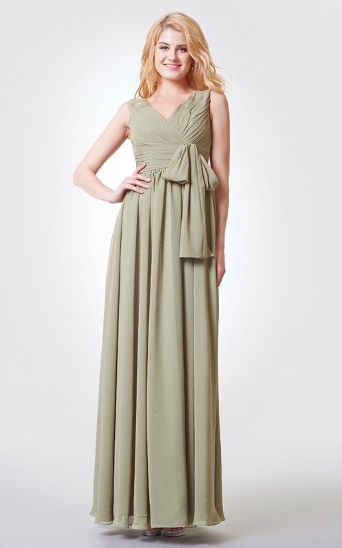 Long Bow Chiffon Straps A-Line Ruched Floor-Length Dress