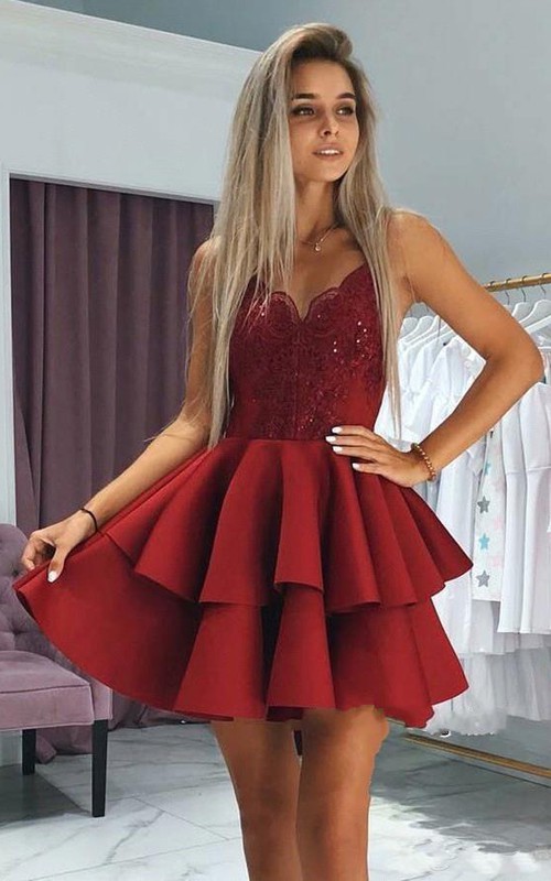 Spaghetti V-neck Satin Sleeveless Short Homecoming Dress with Lace and Tiers