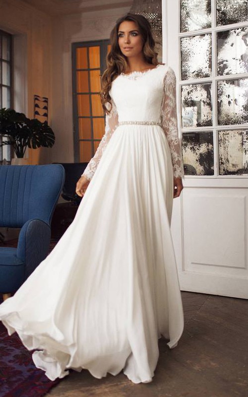 Bateau Taffeta Lace Long Sleeve Sweep Train Deep-V Back Wedding Dress
