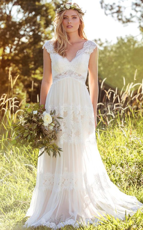 ethereal V-neck cap-sleeve Lace Wedding Dress