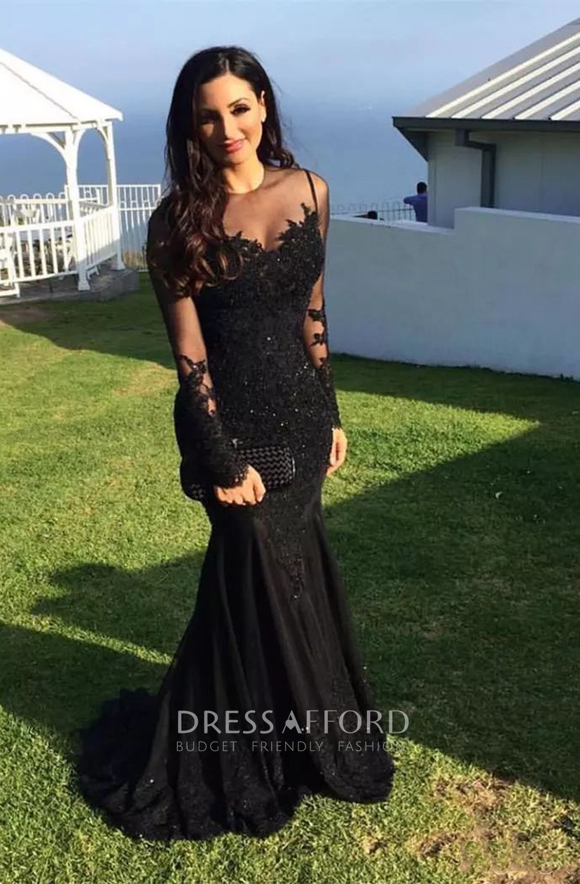 floor length black dress long sleeve