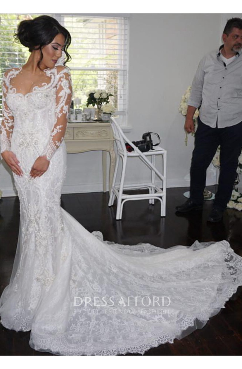 Illusion Long Sleeve Lace Mermaid Wedding Dress With Chapel Train Dress Afford