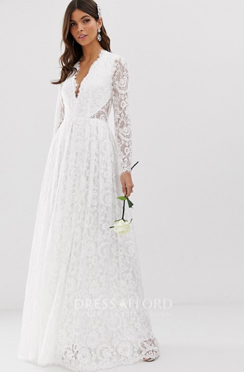 plunging neckline long sleeve wedding dress