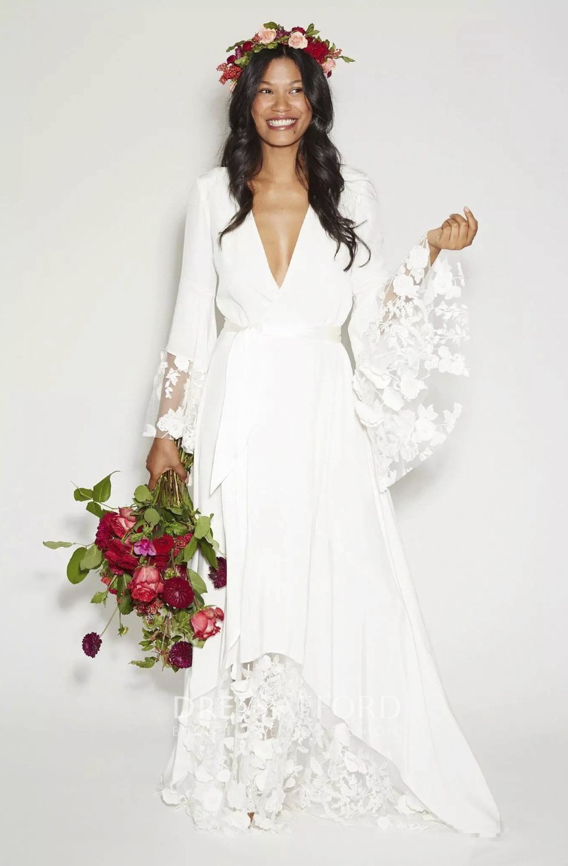 deep v long sleeve wedding dress